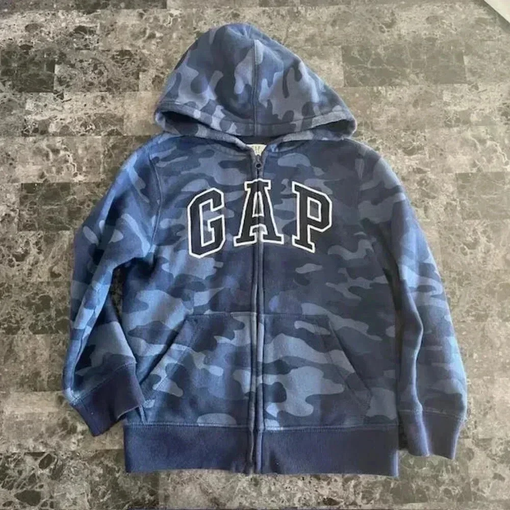 GAP Boys' Logo Hoodie Full Zip Sweatshirt (Size Small Youth) - Blue Camouflage